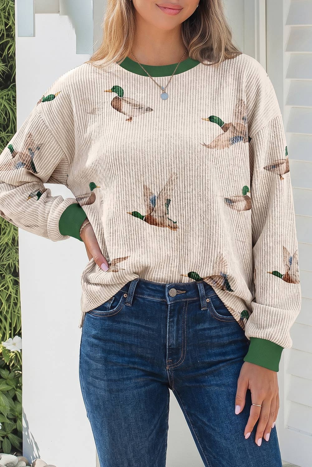 Mallard Duck Print Ribbed Casual Pullover
